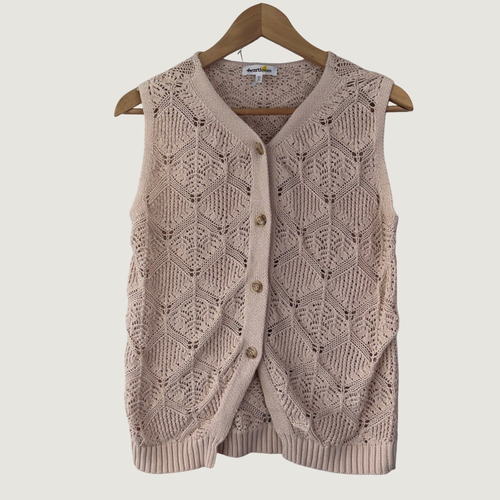 Heartloom Crochet Cardigan Vest XS‎ Pink Boho Pointelle Button Up Knit Sweater